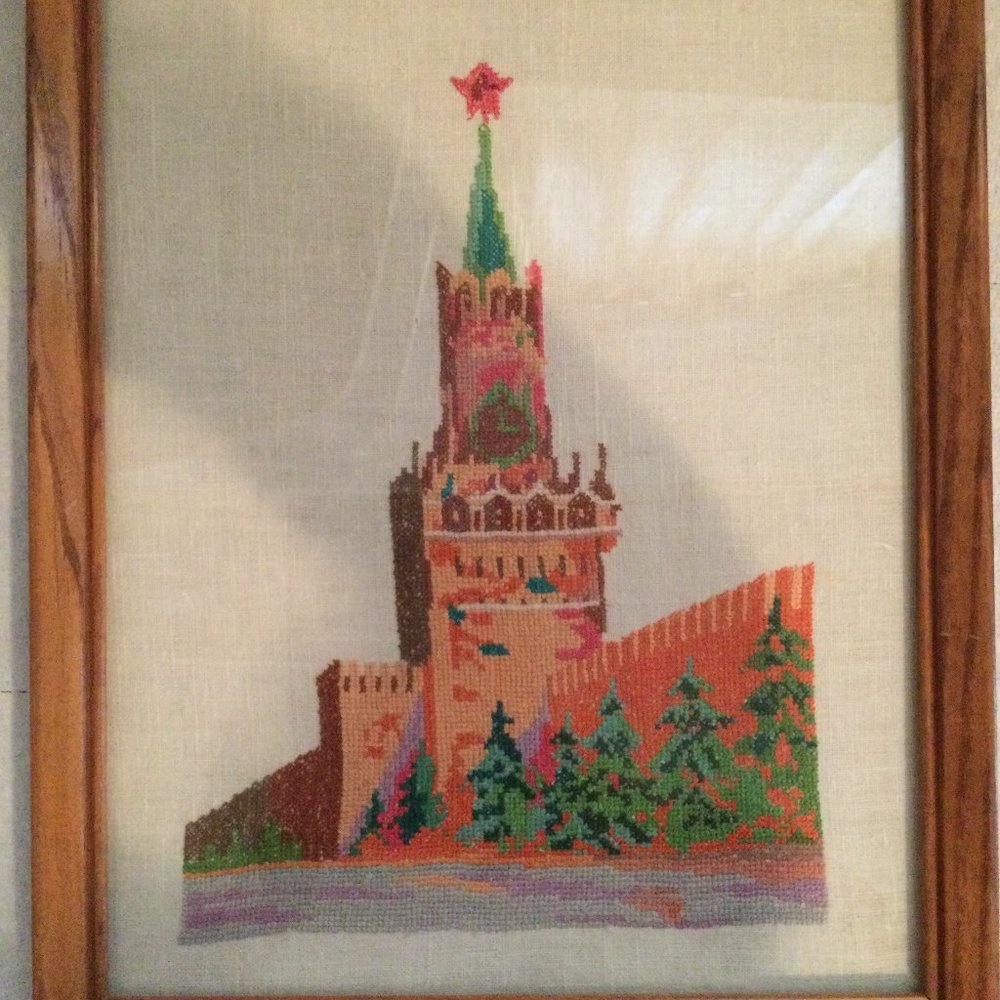Handmade needlework hand cross stitched picture framed church